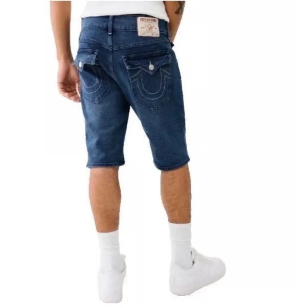 True Religion Mens Ricky‎ Relaxed Straight Denim Shorts Dark Lagoon Wash Size 34